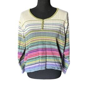 Vintage 90s Tiara International Knit Cardigan | Striped | Faux Buttons | L